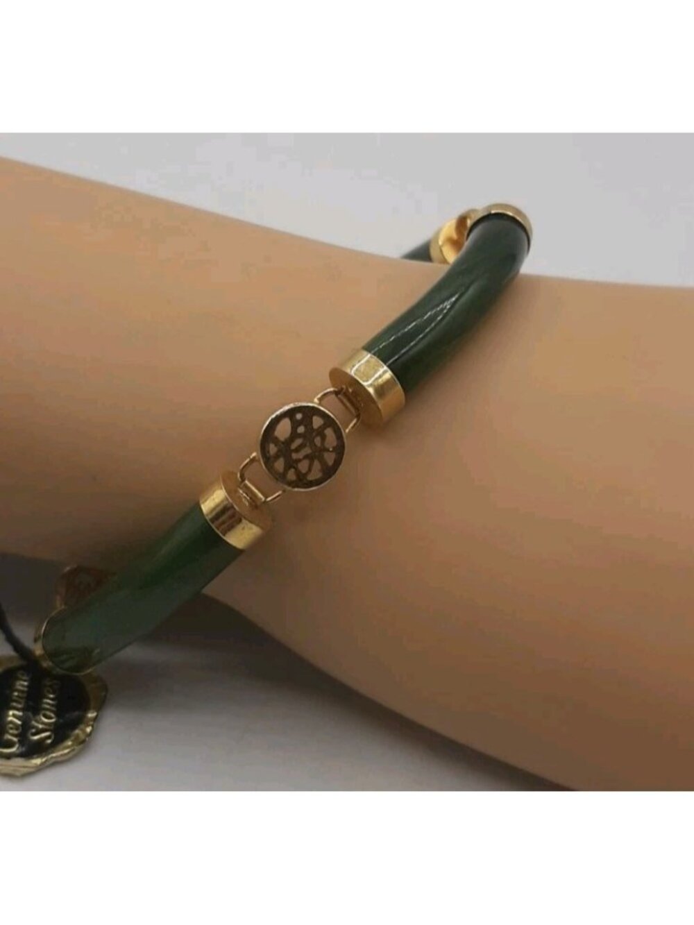 Vintage Genuine Green Jade Bracelet Gold Tone Asian Design NEW Old Stock